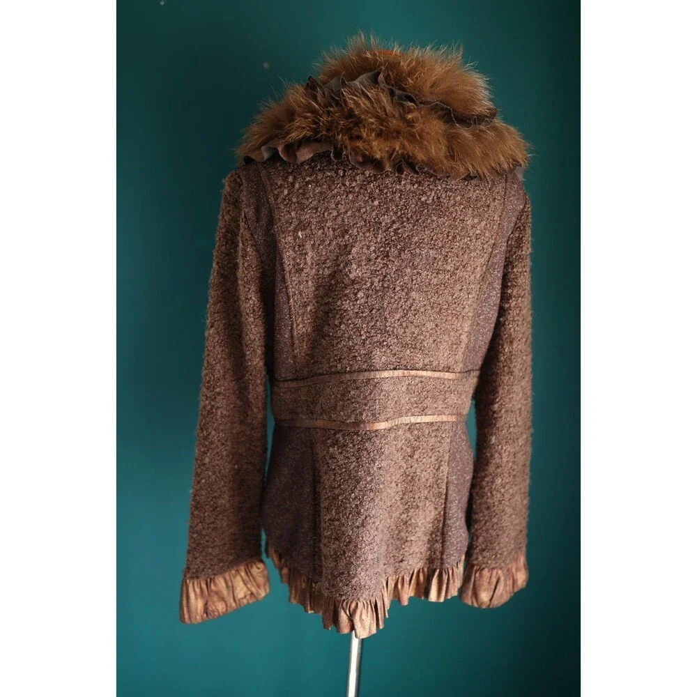 NWT Dolce Cabo Y2K Style Brown Ruffle Wool Jacket Raccoon Fur Fairy Grunge XL